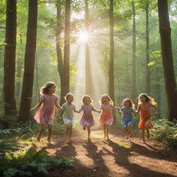 Five joyful children playing together in a lush, vibrant forest, animated by dancing shafts of sunlight filtering through the canopy.