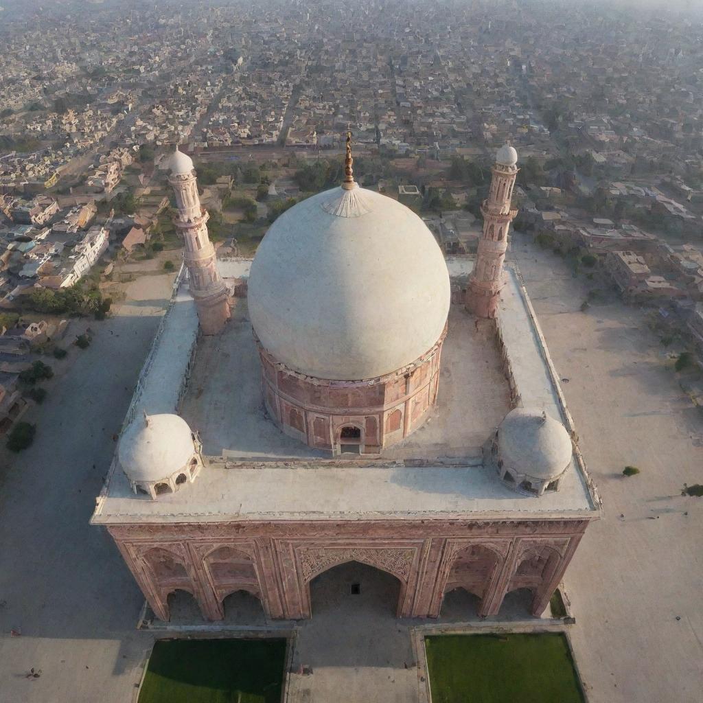 A drone's eye view featuring the striking architecture of the Badshahi Mosque in Lahore, basking under a clear sky