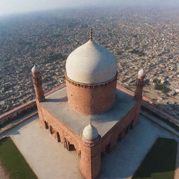 A drone's eye view featuring the striking architecture of the Badshahi Mosque in Lahore, basking under a clear sky