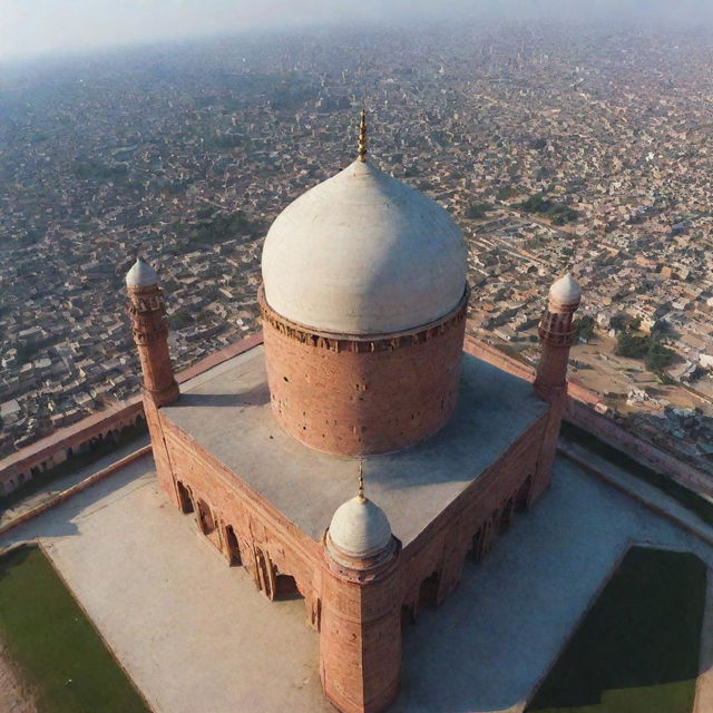 A drone's eye view featuring the striking architecture of the Badshahi Mosque in Lahore, basking under a clear sky