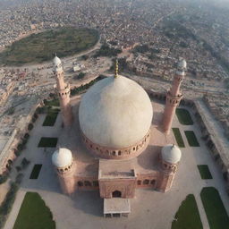 A drone's eye view featuring the striking architecture of the Badshahi Mosque in Lahore, basking under a clear sky