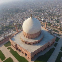 A drone's eye view featuring the striking architecture of the Badshahi Mosque in Lahore, basking under a clear sky