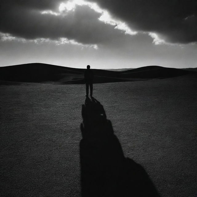 An overwhelming shadow representing despair that engulfs a dramatic, somber landscape.