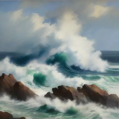 The painting captured the furiousness of the ocean waves crashing against the rocks.