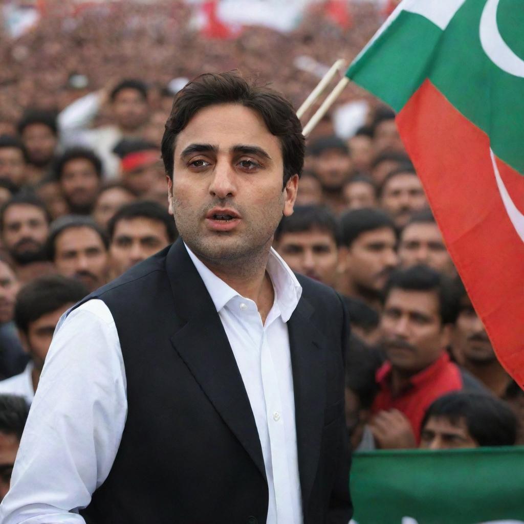 Portrait of Bilawal Bhutto, the prominent Pakistani political figure, holding a PPP (Pakistan People's Party) flag with a serious expression, enveloped in a backdrop of a political rally.