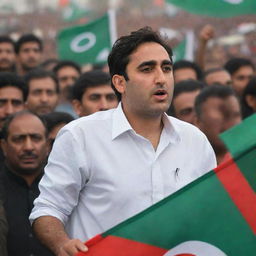 Portrait of Bilawal Bhutto, the prominent Pakistani political figure, holding a PPP (Pakistan People's Party) flag with a serious expression, enveloped in a backdrop of a political rally.