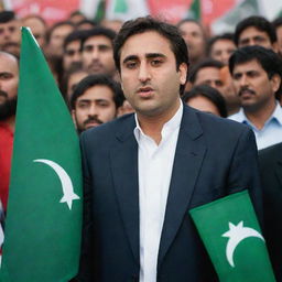 Portrait of Bilawal Bhutto, the prominent Pakistani political figure, holding a PPP (Pakistan People's Party) flag with a serious expression, enveloped in a backdrop of a political rally.