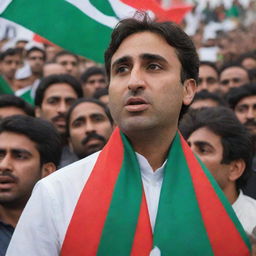 Portrait of Bilawal Bhutto, the prominent Pakistani political figure, holding a PPP (Pakistan People's Party) flag with a serious expression, enveloped in a backdrop of a political rally.