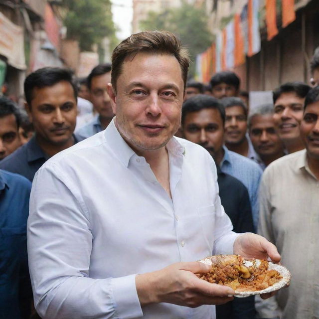 Elon Musk experiencing the vibrant culture of India, involved in activities like visiting historical landmarks, participating in local festivities, or savoring street food