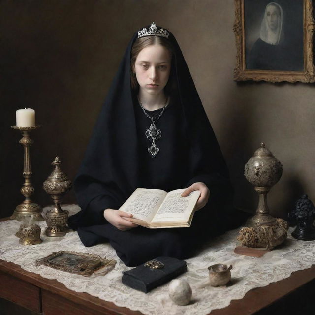 A profound image of a mourning setting for a girl named King, capturing the depth of her lost presence. Mementos of her life are displayed, evoking her memories