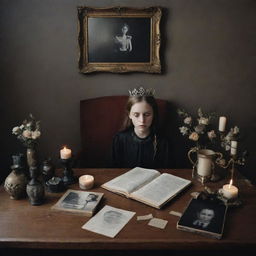 A profound image of a mourning setting for a girl named King, capturing the depth of her lost presence. Mementos of her life are displayed, evoking her memories