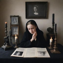 A profound image of a mourning setting for a girl named King, capturing the depth of her lost presence. Mementos of her life are displayed, evoking her memories