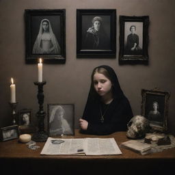 A profound image of a mourning setting for a girl named King, capturing the depth of her lost presence. Mementos of her life are displayed, evoking her memories