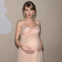 Taylor Swift portrayed in a beautiful and elegant maternity dress, looking radiant and happy during her pregnancy period.