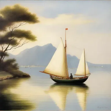 The painting depicted a serene seascape with a gig floating peacefully on the water.