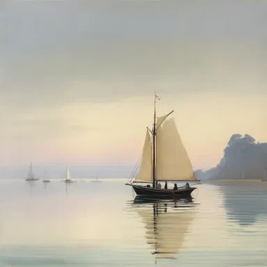The painting depicted a serene seascape with a gig floating peacefully on the water.