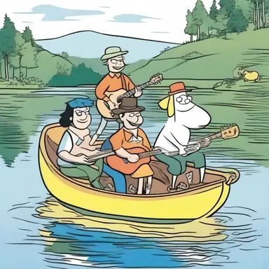 In the comic strip, the characters take a peaceful ride on a gig across the lake.