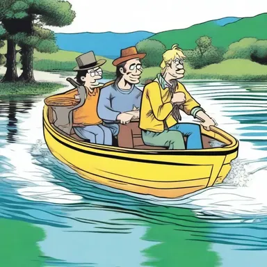 In the comic strip, the characters take a peaceful ride on a gig across the lake.