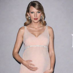 Taylor Swift portrayed in a beautiful and elegant maternity dress, looking radiant and happy during her pregnancy period.