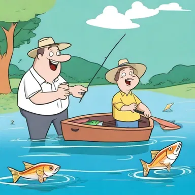 The animated characters in the cartoon used a gig to catch fish in a hilarious manner.