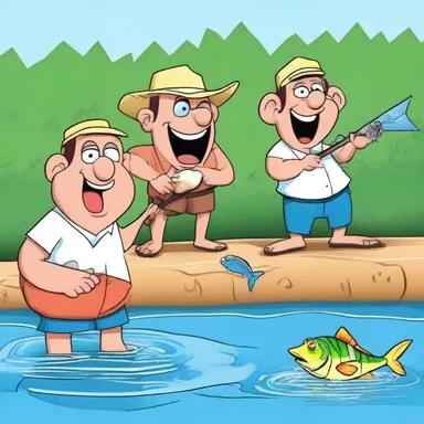 The animated characters in the cartoon used a gig to catch fish in a hilarious manner.