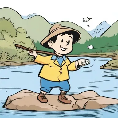 In the comic strip, the adventurous character used a gig to catch fish in the river.