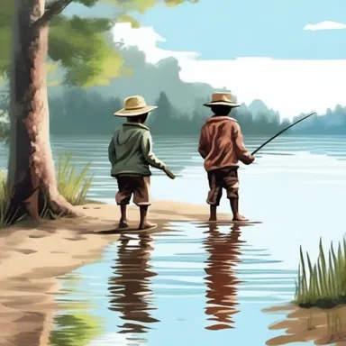 As they walked along the shore hand in hand, they came across a gig and decided to try their luck at fishing together.