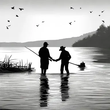 As they walked along the shore hand in hand, they came across a gig and decided to try their luck at fishing together.