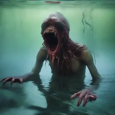 In the horror novel, the eerie creature emerged from the depths of the water, impaled by a gig in its slimy body.