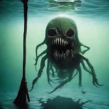 In the horror novel, the eerie creature emerged from the depths of the water, impaled by a gig in its slimy body.