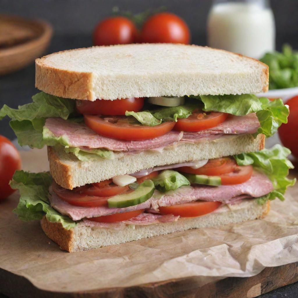 An inexpensive yet appetizing sandwich costing one dollar, filled with fresh ingredients like crisp lettuce, juicy tomatoes, slices of meat or cheese enclosed between fluffy bread slices