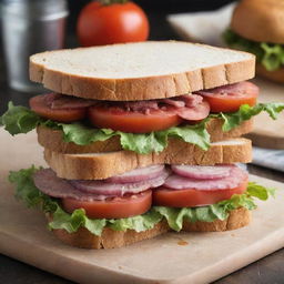 An inexpensive yet appetizing sandwich costing one dollar, filled with fresh ingredients like crisp lettuce, juicy tomatoes, slices of meat or cheese enclosed between fluffy bread slices