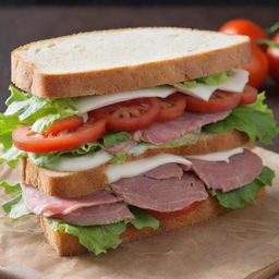 An inexpensive yet appetizing sandwich costing one dollar, filled with fresh ingredients like crisp lettuce, juicy tomatoes, slices of meat or cheese enclosed between fluffy bread slices