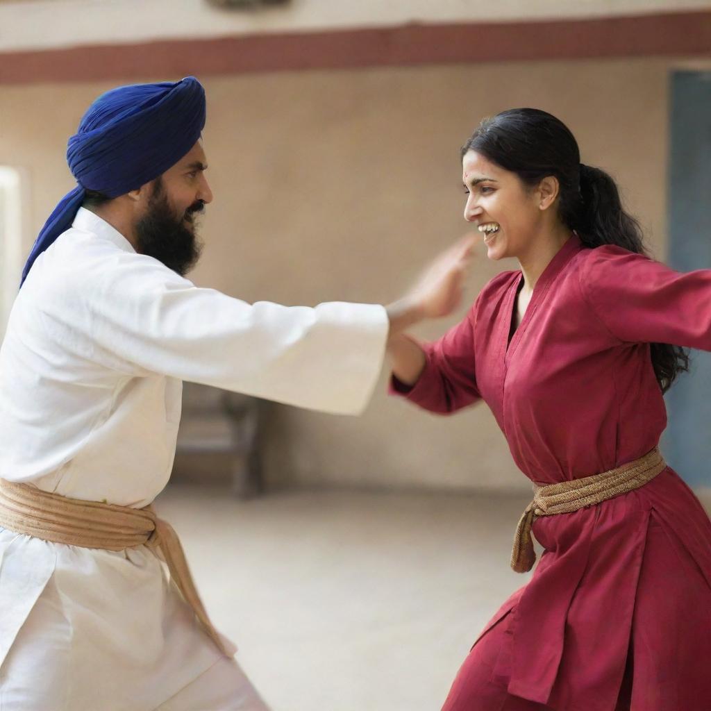 A dynamic scene depicting an Indian woman in traditional attire engaging in a friendly martial arts sparring session with a man in Sikh attire against a blurred, culturally significant background.