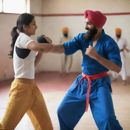 A dynamic scene depicting an Indian woman in traditional attire engaging in a friendly martial arts sparring session with a man in Sikh attire against a blurred, culturally significant background.