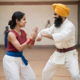 A dynamic scene depicting an Indian woman in traditional attire engaging in a friendly martial arts sparring session with a man in Sikh attire against a blurred, culturally significant background.