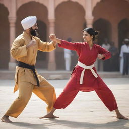 A dynamic scene depicting an Indian woman in traditional attire engaging in a friendly martial arts sparring session with a man in Sikh attire against a blurred, culturally significant background.