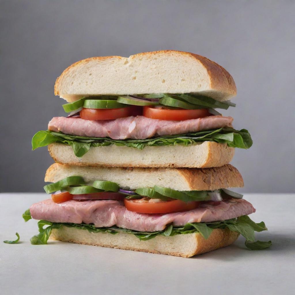 A luxury sandwich costing ten dollars, stacked high with premium ingredients like artisan bread, gourmet meats and cheeses, fresh crisp vegetables, and expertly blended sauces