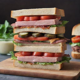 A luxury sandwich costing ten dollars, stacked high with premium ingredients like artisan bread, gourmet meats and cheeses, fresh crisp vegetables, and expertly blended sauces