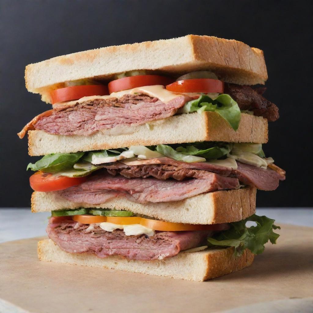 A luxury sandwich costing ten dollars, stacked high with premium ingredients like artisan bread, gourmet meats and cheeses, fresh crisp vegetables, and expertly blended sauces