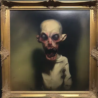 The cursed painting depicted a grotesque beakless creature with empty eye sockets, creating a chilling and terrifying atmosphere in the haunted house.