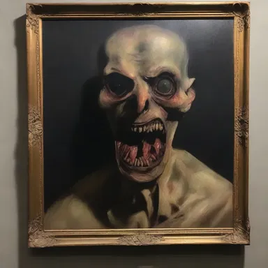 The cursed painting depicted a grotesque beakless creature with empty eye sockets, creating a chilling and terrifying atmosphere in the haunted house.