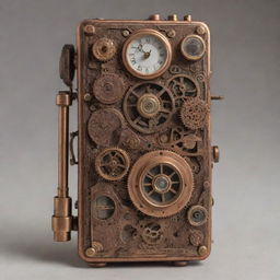 A steampunk-style cellphone characterized by 19th-century steam-powered machinery design, with copper and brass elements, intricate gears, and analog dials