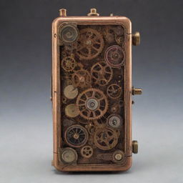 A steampunk-style cellphone characterized by 19th-century steam-powered machinery design, with copper and brass elements, intricate gears, and analog dials