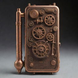 A steampunk-style cellphone characterized by 19th-century steam-powered machinery design, with copper and brass elements, intricate gears, and analog dials