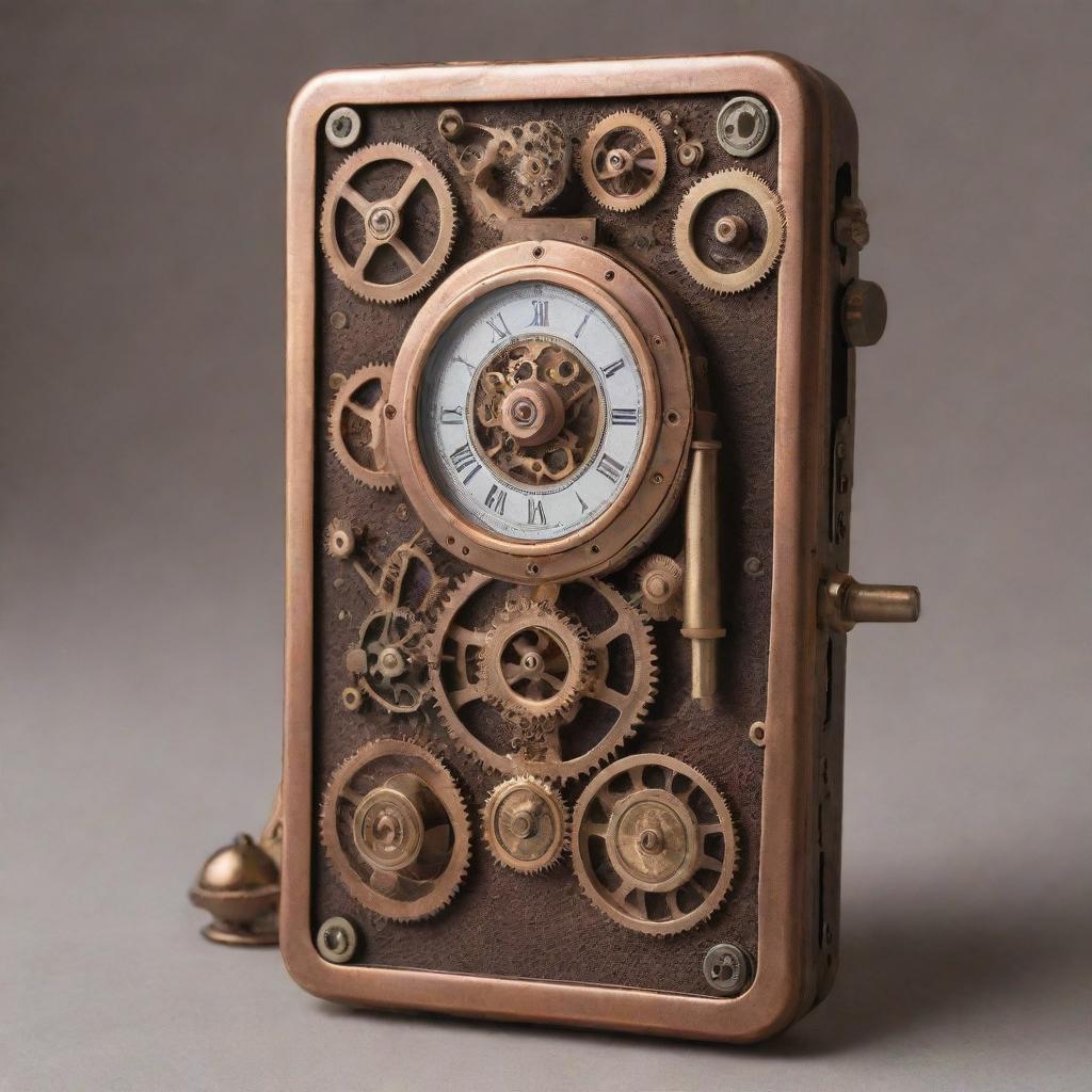 A steampunk-style cellphone characterized by 19th-century steam-powered machinery design, with copper and brass elements, intricate gears, and analog dials