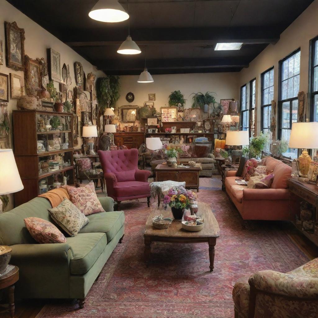 A bustling furniture store filled with eclectic pieces, perfect for a final year project. Imagine lively shoppers, organized layout of furniture, and a vibrant atmosphere.