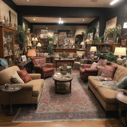 A bustling furniture store filled with eclectic pieces, perfect for a final year project. Imagine lively shoppers, organized layout of furniture, and a vibrant atmosphere.