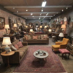 A bustling furniture store filled with eclectic pieces, perfect for a final year project. Imagine lively shoppers, organized layout of furniture, and a vibrant atmosphere.