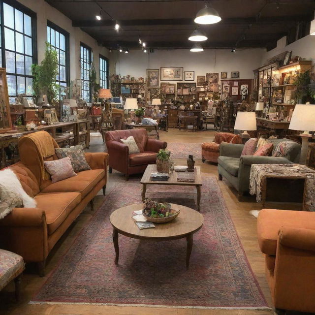 A bustling furniture store filled with eclectic pieces, perfect for a final year project. Imagine lively shoppers, organized layout of furniture, and a vibrant atmosphere.